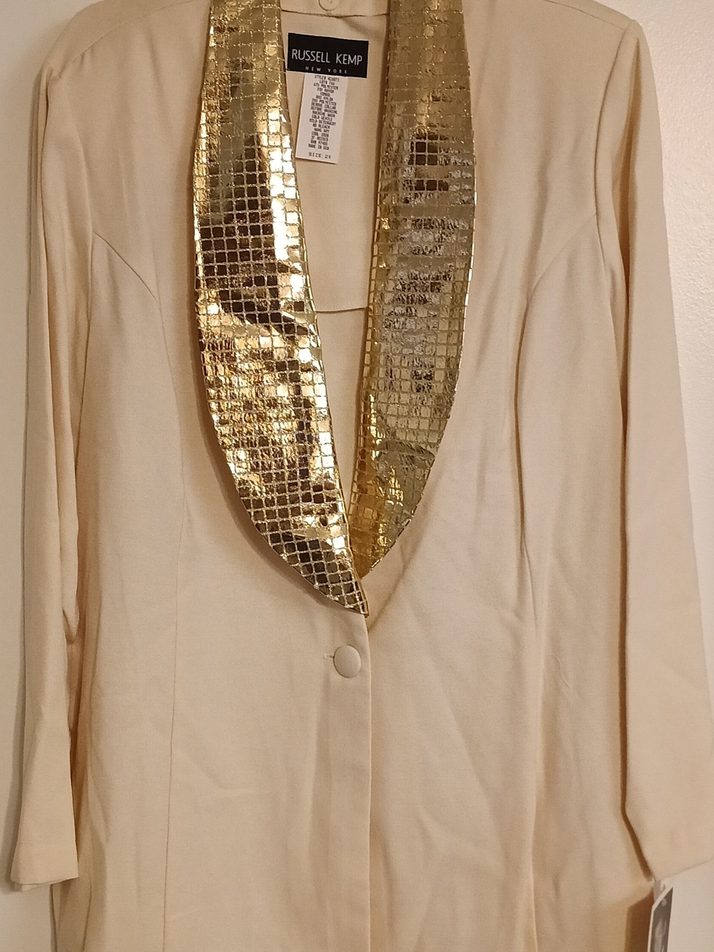 Russell Kemp Plus Size 2X Ivory Blazer Gold Sequin Shawl Collar Vintage - Picture 2 of 7